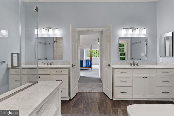 Bathroom, Dual Sink Vanities, Interior, Pendant Lights, Wood Texture Flooring
