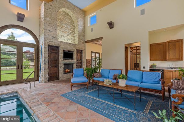 Fireplace, Interior, Living room, Recessed Lighting, Stone Walls