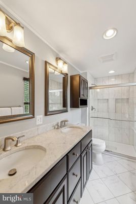 Bathroom, Dual Sink Vanities, Glass Shower, Interior, Marble, Recessed Lighting