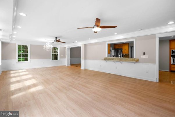 Chandelier, Empty room, Interior, Recessed Lighting, Wood Texture Flooring