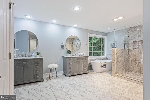 Bathroom, Dual Sink Vanities, Free Standing Baths, Glass Shower, Interior, Marble, Marble Walls, Recessed Lighting