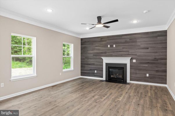 Empty room, Fireplace, Interior, Recessed Lighting, Wood Texture Flooring, Wooden Walls