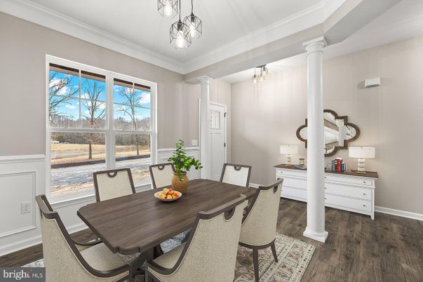 Dining room, Interior, Pendant Lights, Wood Texture Flooring