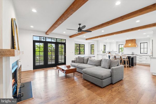 Fireplace, Interior, Kitchen, Living room, Recessed Lighting, Wooden Beams, Wood Texture Flooring
