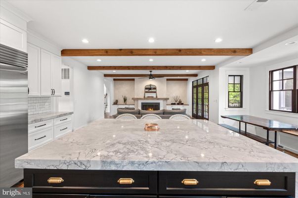 Fireplace, Interior, Kitchen, Recessed Lighting, Wooden Beams