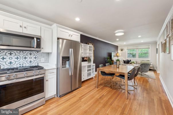 Dining room, Interior, Kitchen, Recessed Lighting, Stainless Steel Appliances, Wood Texture Flooring