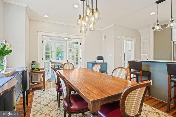 Dining room, Interior, Pendant Lights, Recessed Lighting, Wood Texture Flooring