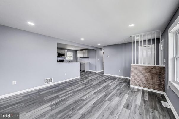 Empty room, Interior, Kitchen, Recessed Lighting, Wood Texture Flooring
