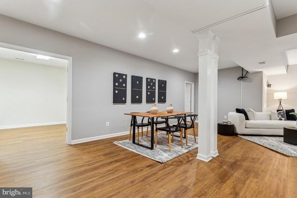 Dining room, Interior, Recessed Lighting, Wood Texture Flooring