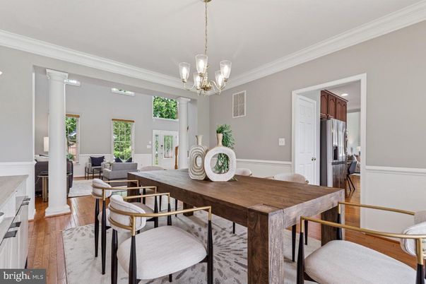 Chandelier, Dining room, Interior, Kitchen, Living room, Pendant Lights, Wood Texture Flooring