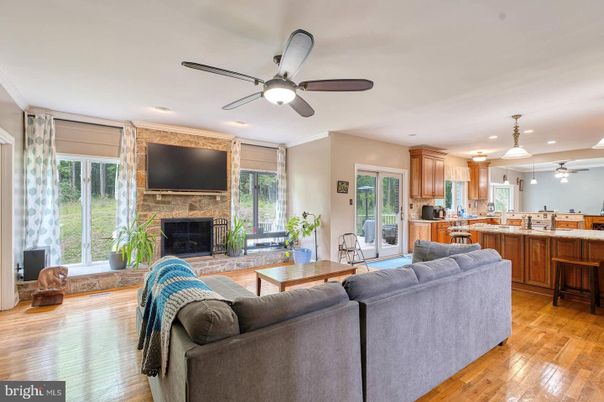 Fireplace, Interior, Kitchen, Living room, Pendant Lights, Recessed Lighting, Wood Texture Flooring