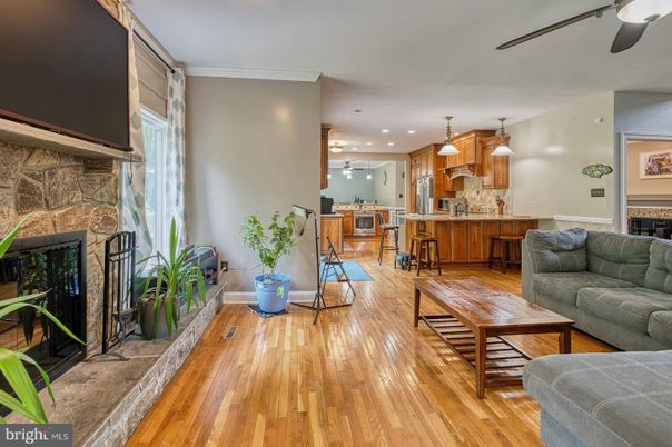 Fireplace, Interior, Kitchen, Living room, Pendant Lights, Recessed Lighting, Stone Walls, Wood Texture Flooring