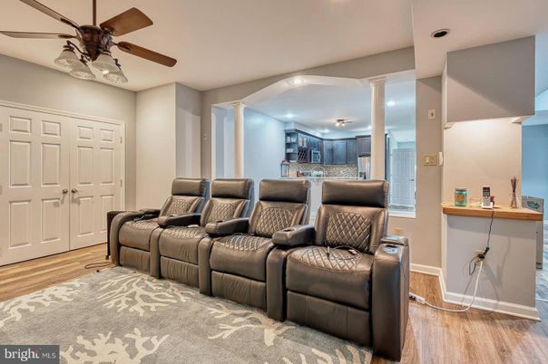 Home Theatre Room, Interior, Kitchen, Recessed Lighting, Wood Texture Flooring
