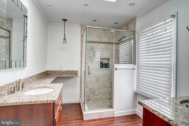 Bathroom, Glass Shower, Interior, Pendant Lights, Recessed Lighting, Wood Texture Flooring