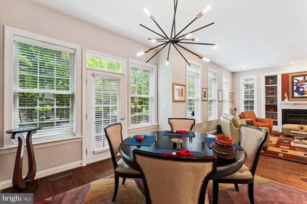 Dining room, Fireplace, Interior, Living room, Pendant Lights, Recessed Lighting, Wood Texture Flooring