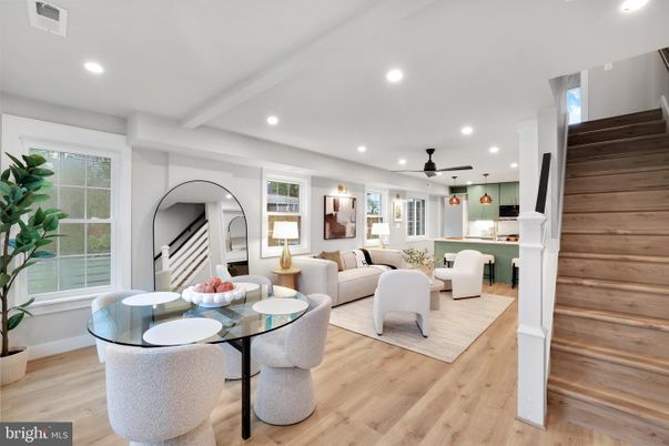 Dining room, Interior, Living room, Recessed Lighting, Wood Texture Flooring