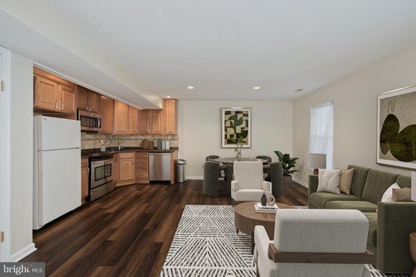 Dining room, Interior, Kitchen, Living room, Recessed Lighting, Stainless Steel Appliances, Wood Texture Flooring