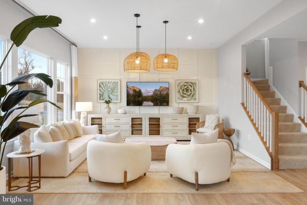 Interior, Living room, Pendant Lights, Recessed Lighting, Wood Texture Flooring