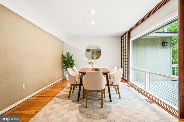 Dining room, Interior, Recessed Lighting, Wood Texture Flooring