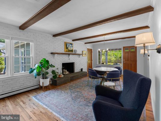 Dining room, Fireplace, Interior, Living room, Pendant Lights, Stone Walls, Wooden Beams, Wood Texture Flooring