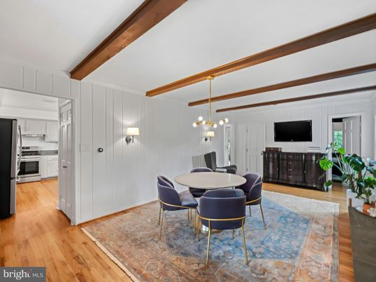 Dining room, Interior, Kitchen, Pendant Lights, Stainless Steel Appliances, Wooden Beams, Wood Texture Flooring