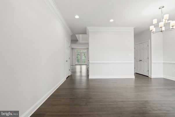 Chandelier, Empty room, Interior, Recessed Lighting, Wood Texture Flooring