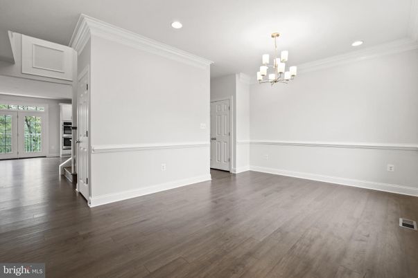 Chandelier, Empty room, Interior, Recessed Lighting, Wood Texture Flooring