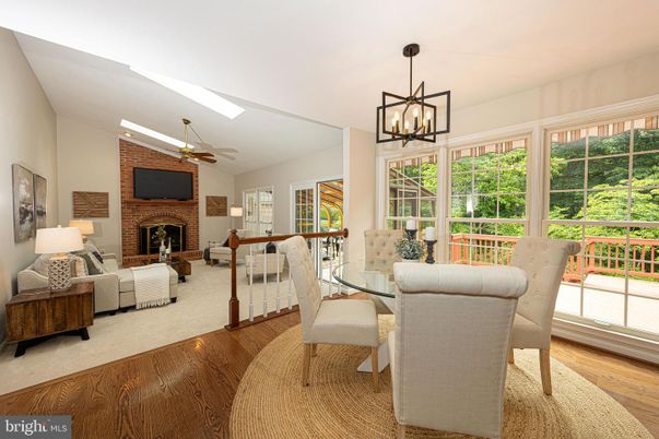 Dining room, Fireplace, Interior, Living room, Pendant Lights, Recessed Lighting, Stone Walls, Wood Texture Flooring