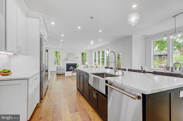 Fireplace, Interior, Kitchen, Pendant Lights, Recessed Lighting, Stainless Steel Appliances, Wood Texture Flooring