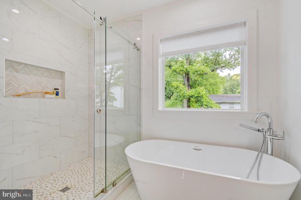 Bathroom, Free Standing Baths, Glass Shower, Interior, Marble Walls, Recessed Lighting