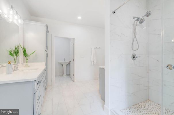 Bathroom, Glass Shower, Interior, Marble, Marble Walls, Recessed Lighting