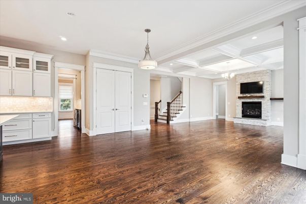 Empty room, Fireplace, Interior, Pendant Lights, Recessed Lighting, Wood Texture Flooring