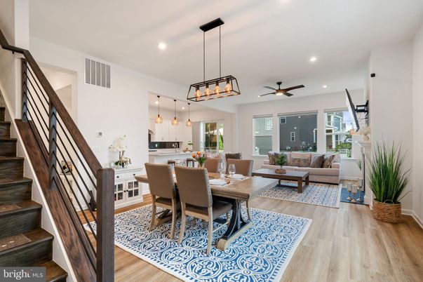 Dining room, Fireplace, Interior, Kitchen, Living room, Pendant Lights, Recessed Lighting, Wood Texture Flooring