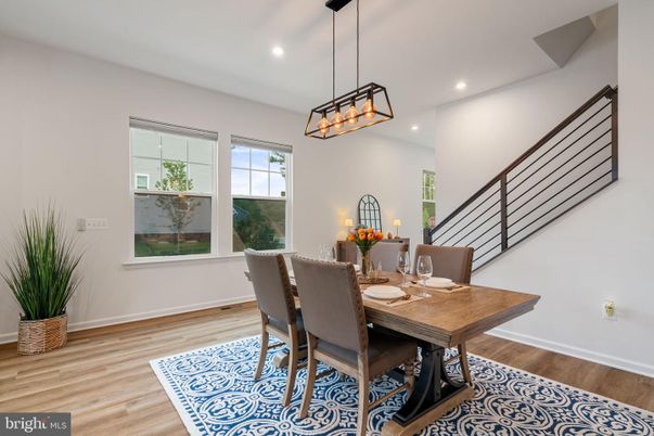Dining room, Interior, Pendant Lights, Recessed Lighting, Wood Texture Flooring