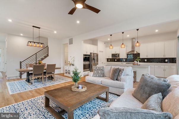 Dining room, Interior, Kitchen, Living room, Pendant Lights, Recessed Lighting, Stainless Steel Appliances, Wood Texture Flooring