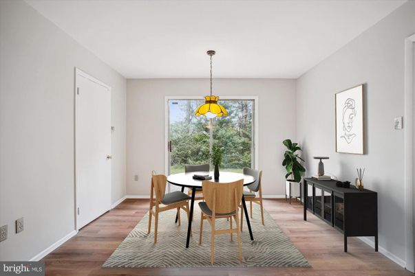 Dining room, Interior, Pendant Lights, Wood Texture Flooring