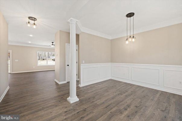 Empty room, Interior, Pendant Lights, Recessed Lighting, Wood Texture Flooring