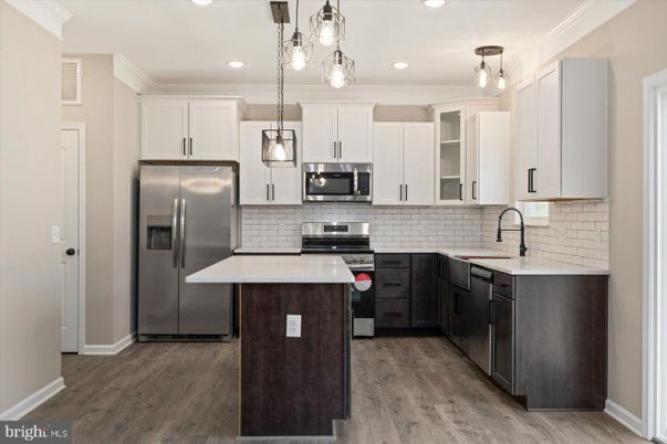 Interior, Kitchen, Pendant Lights, Recessed Lighting, Stainless Steel Appliances, Wood Texture Flooring