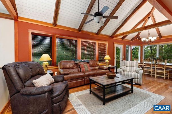 Chandelier, Dining room, Interior, Living room, Wooden Beams, Wood Texture Flooring