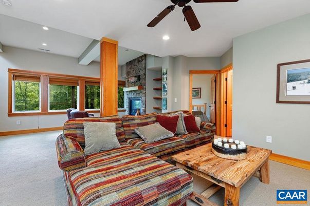Fireplace, Interior, Living room, Recessed Lighting, Stone Walls