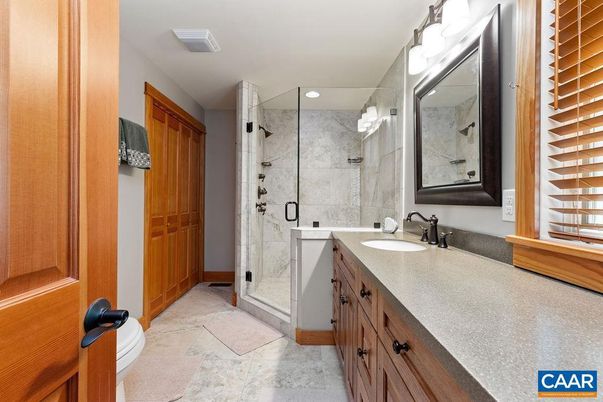 Bathroom, Glass Shower, Interior, Marble Walls, Recessed Lighting