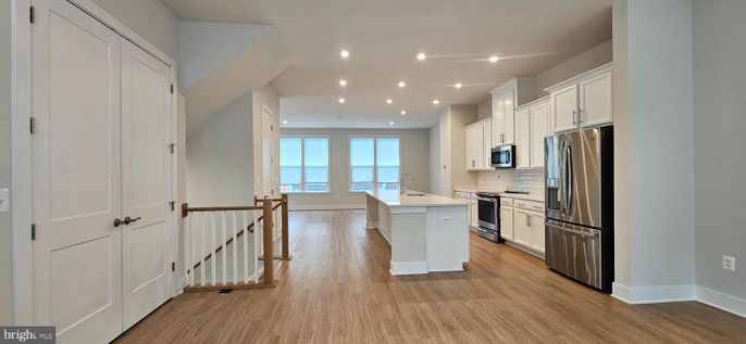 Interior, Kitchen, Recessed Lighting, Stainless Steel Appliances, Water, Wood Texture Flooring