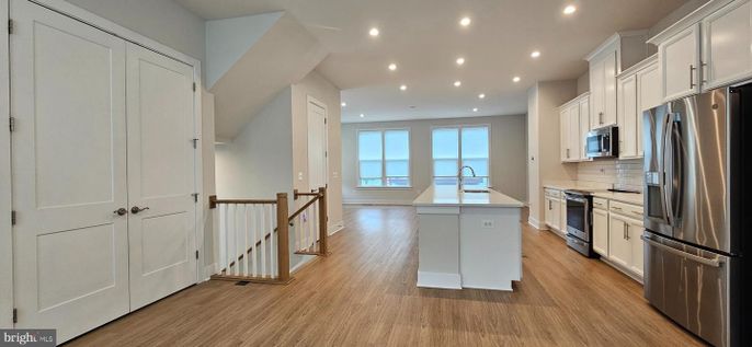 Interior, Kitchen, Recessed Lighting, Stainless Steel Appliances, Water, Wood Texture Flooring