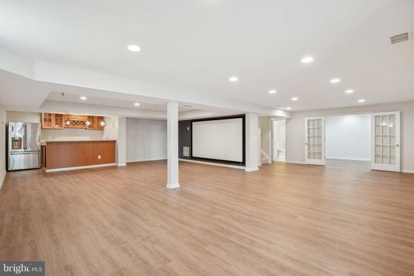 Empty room, Interior, Projection Screen, Recessed Lighting, Wood Texture Flooring