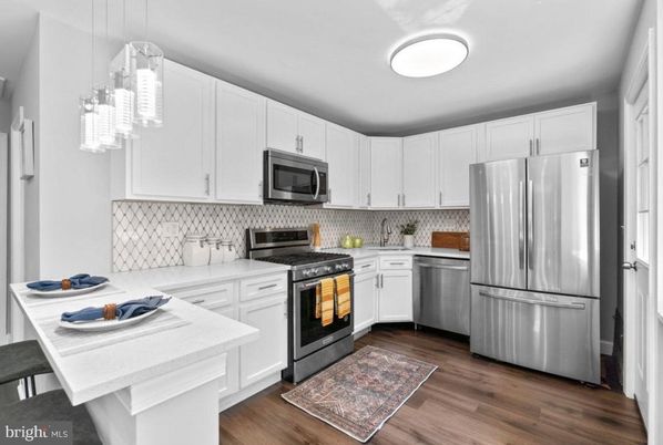 Interior, Kitchen, Pendant Lights, Stainless Steel Appliances, Wood Texture Flooring