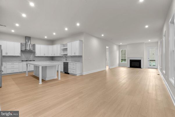 Fireplace, Interior, Kitchen, Recessed Lighting, Wood Texture Flooring