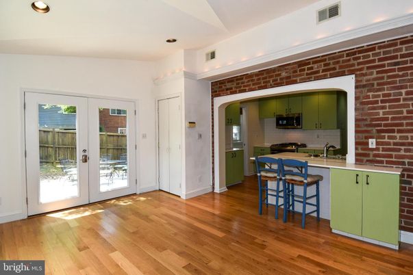 Interior, Kitchen, Recessed Lighting, Stone Walls, Wood Texture Flooring