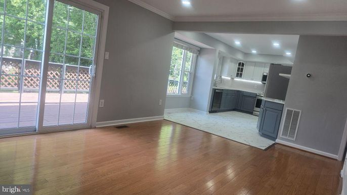 Empty room, Interior, Kitchen, Recessed Lighting, Wood Texture Flooring