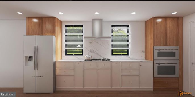Interior, Kitchen, Marble Walls, Recessed Lighting, Wood Texture Flooring