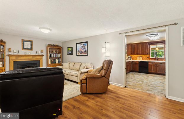 Fireplace, Interior, Kitchen, Living room, Wood Texture Flooring